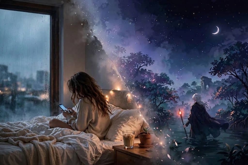 A young woman on a bed at night looking at her phone, sharing the frame with a mage holding a glowing scepter in a starlit mangrove swamp