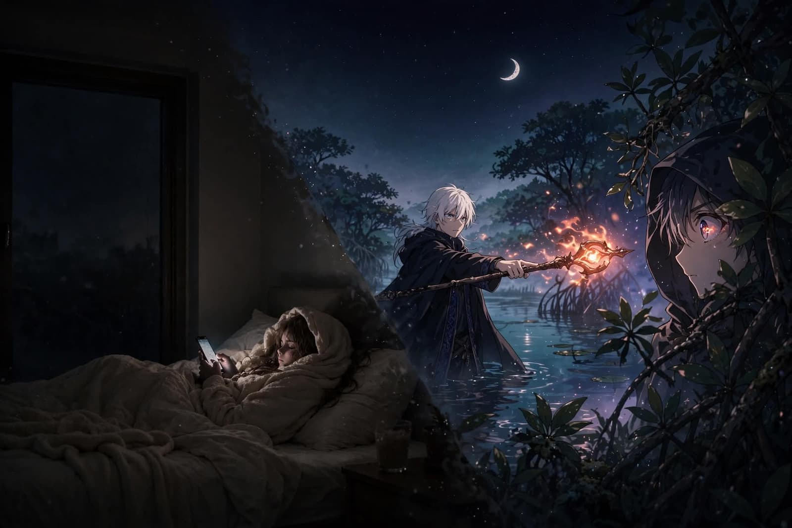 A woman in bed looking at her phone while a mage raises a flaming staff in the mangrove and a hooded figure watches from the foliage