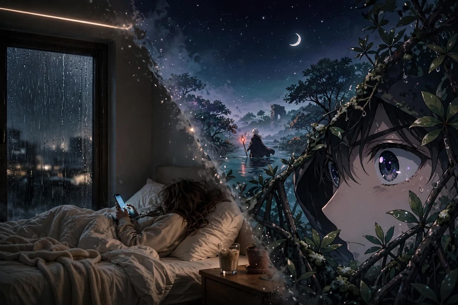 A woman on her bed by a rain-streaked window as a mage walks toward moonlit ruins, a hooded face watching from the branches